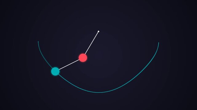 Physics double pendulum swinging motion animation with trajectory line oscillation and kinetic energy simulation animation