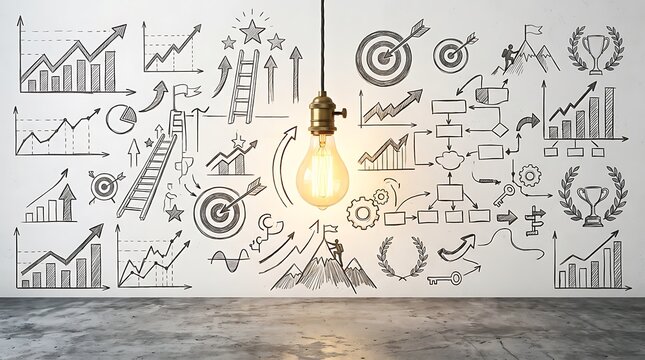 A glowing light bulb hanging in front of a wall covered in business strategy sketches and growth charts.