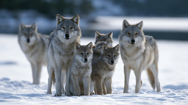 four wild gray wolves lying in snowy forest representing wildlife photography winter predator nature pack family and cold wilderness habitat