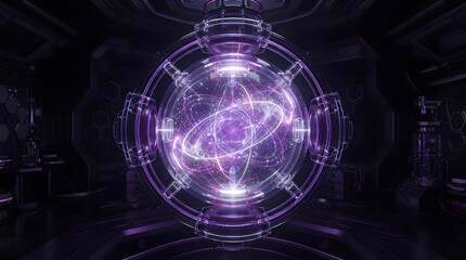 Fototapeta premium Futuristic glowing purple quantum reactor core in laboratory, 3d rendering of plasma energy sphere and sci-fi technology concept
