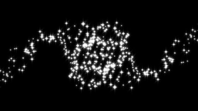 Magic glitter sparkle star line animation, white glitter light trail spiral with magic swirl path, cartoon doodle sparkles, star sparkle vector doodles on black screen background. 4k video