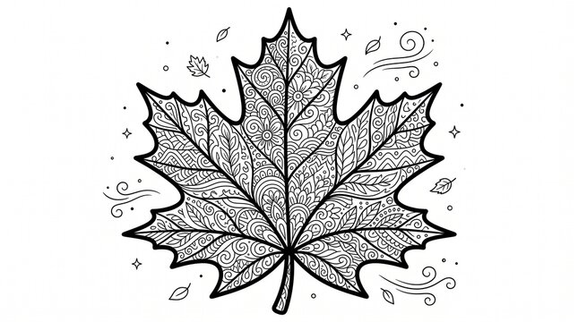 Detailed maple leaf drawing with intricate floral patterns for coloring book page