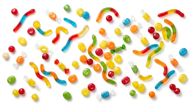 Colorful Halloween Candy and Gummy Worms Flat Lay Isolated on White Background