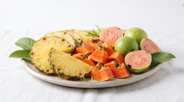 Tropical Fruit Platter: A vibrant arrangement of fresh, exotic fruits including sliced pineapple, papaya, and guava, artfully presented on a plate, inviting a taste of paradise.
