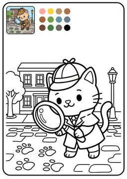 Cute detective cat with magnifying glass, fun coloring page for children with color preview and palette circles.