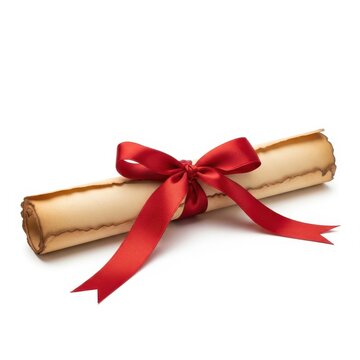 Old parchment scroll tied with a red ribbon isolated on white background