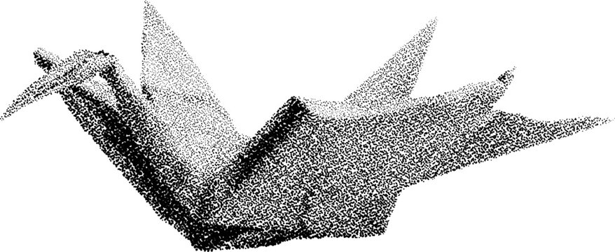 Halftone stipple dotted origami crane with transparent grunge retro aesthetic