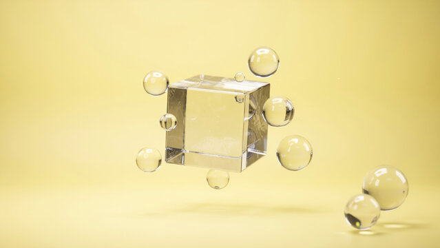 3D rendered floating glass cube with orbiting spheres on pastel yellow background