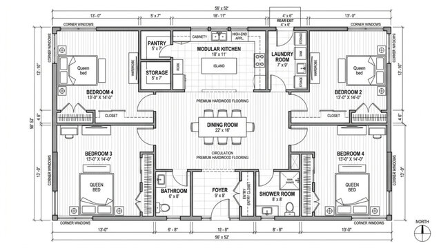 Detailed floor plan illustration depicts a residential layout with four bedrooms and kitchen areas