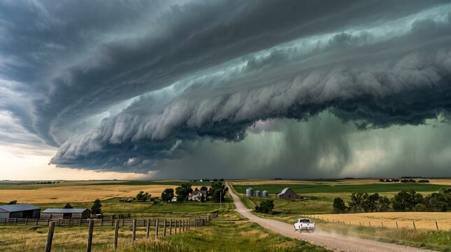 Massive Shelf Cloud Rolling Over Rural Landscape Dramatic Severe Weather Formation

