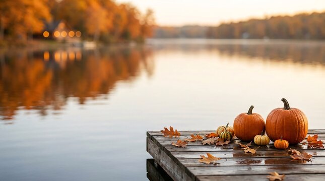 Autumn harvest scene with pumpkins and fallen leaves on wooden dock by tranquil lake during golden hour. with copy space or border frame for celebration commercial, harvest, season