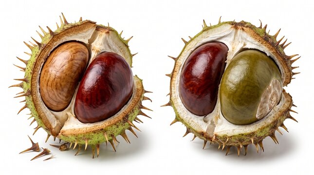 Two ripe horse chestnut fruits with brown nuts inside cracked spiky green outer shells