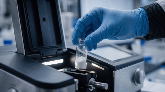 high-end pharmaceutical research photo of gloved scientist hands positioning a generic pharmaceutical sample inside a modern laboratory spectrometer, advanced analytical laboratory