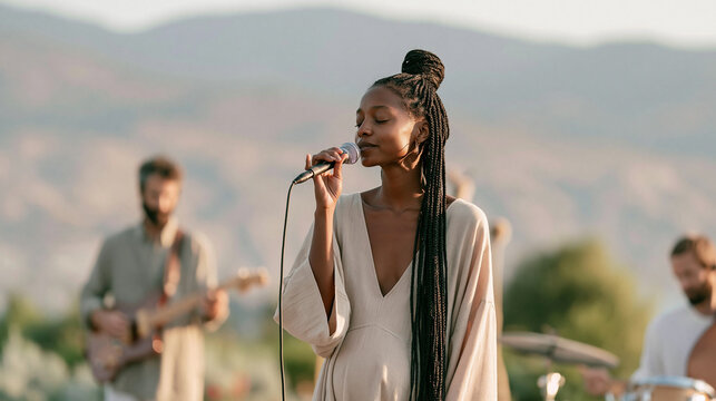 Passionate female lead singer performing with her band outdoors against a scenic mountain backdrop on a sunny day, live music festival performance concept.