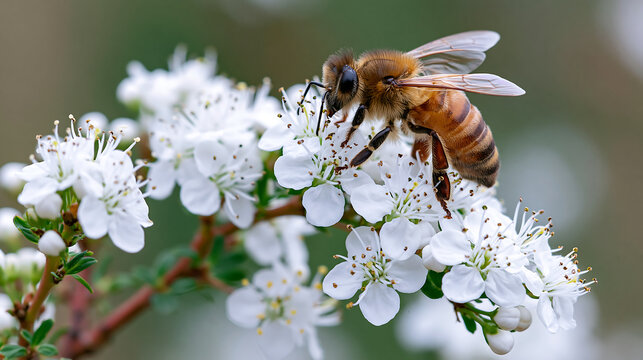 close up macro photograph of honey bee pollinating pink flower blossoms representing nature wildlife garden and spring pollination
