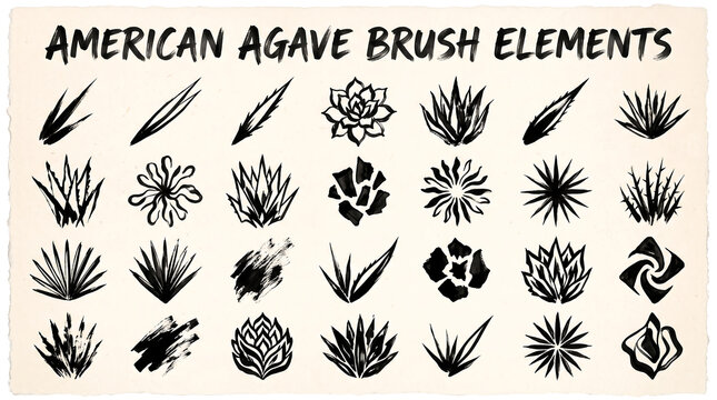 Hand Drawn Desert Agave Succulent Brush Set Collection in Ink Style