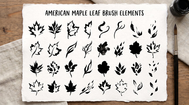 Hand Drawn Monochrome American Maple Leaf Brush Elements Set for Nature Design