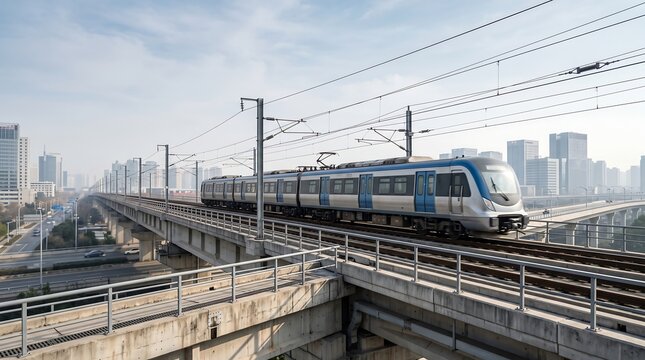 Modern Electric Metro Train on Elevated Railway with Urban City Infrastructure