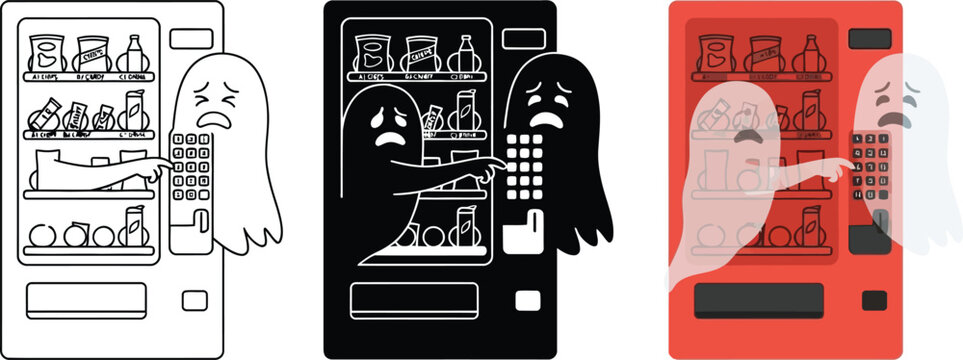 Ghost vending machine vector set, spooky phantom characters buying snacks, funny halloween spirits and snack dispenser illustration in three styles