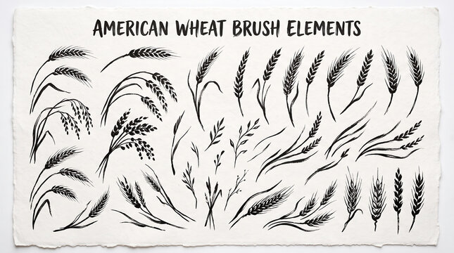 Hand drawn monochrome wheat ear collection with isolated barley stalks and cereal grain sketches