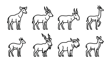 Fototapeta premium Diverse Antelope Collection: A collection of eight distinct antelope species depicted in a minimalist line art style, showcasing a variety of horns, body shapes, and postures.