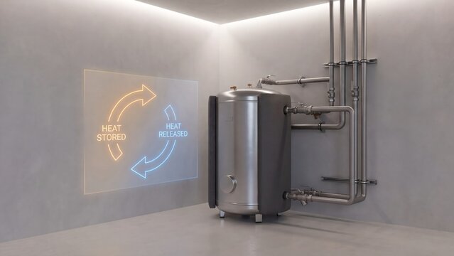 Thermal energy storage tank with pipe connections in utility room with glowing heat stored and heat released cycle overlay on grey concrete wall