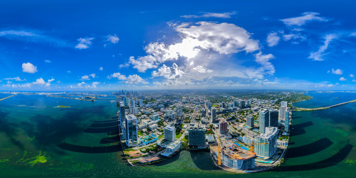 Amazing aerial view of Downtown Miami Edgewater supertall construction cranes