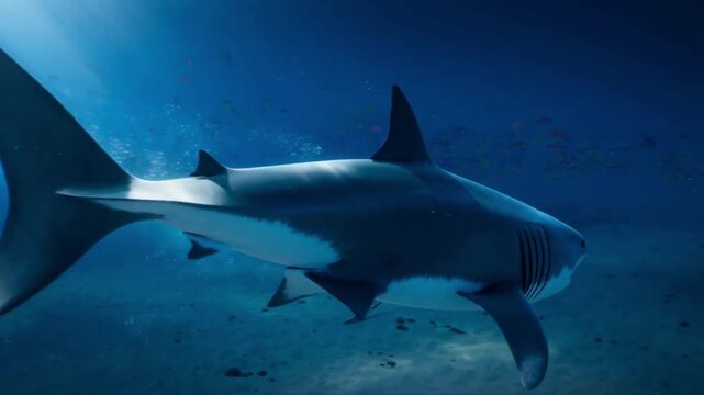 A great white shark swims calmly in the deep blue ocean, facing right with its fins extended. The upper part of its body is dark, while the underside is white.