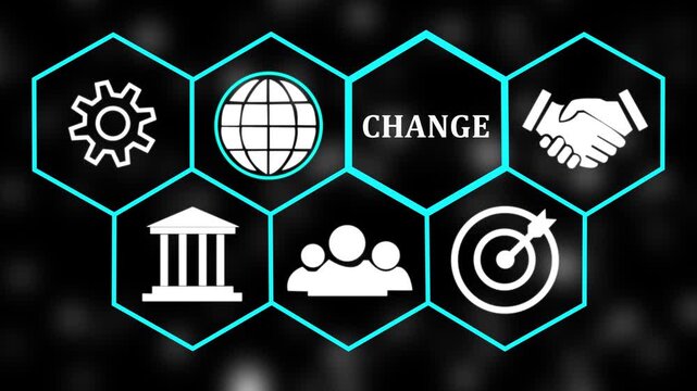 Animated corporate business infographic featuring a glowing cyan neon hexagon grid with conceptual success icons and blurry floating particles background with change text