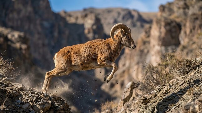Wild bighorn sheep jumping across a rocky mountain canyon