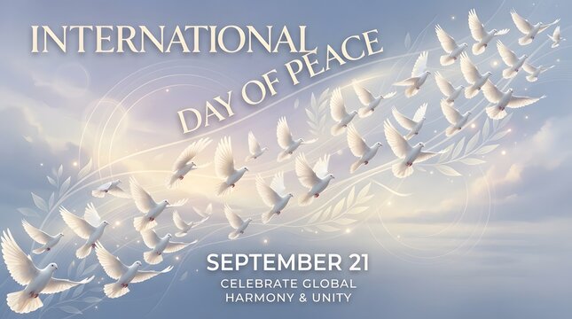 International day of peace poster with flying white doves in the blue sky