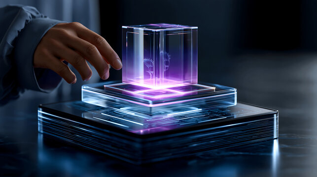 hand holding glowing purple digital cube with light particles representing technology energy and innovation concept
