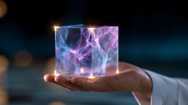 hand holding glowing purple digital cube with light particles representing technology energy and innovation concept