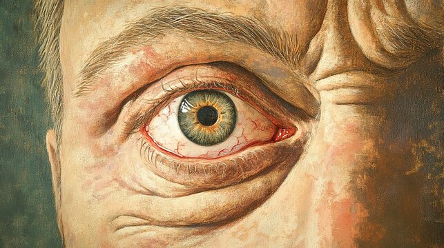 A close-up depiction reveals red, irritated eyes struggling with dry eye syndrome. The intricate details highlight discomfort and fatigue under warm lighting, capturing a moment of unease