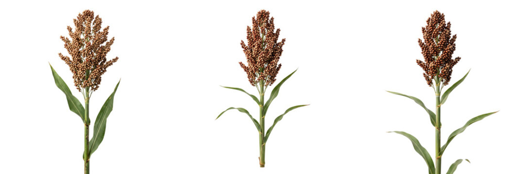 Three sorghum stalks with brown grain heads and green leaves isolated on a transparent background plant