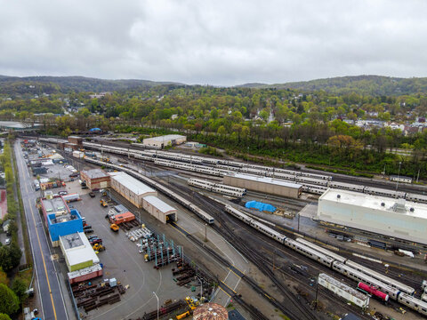 Aerial view of Brewster/Southeast Yard with trains and tracks