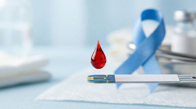 Blood Drop on Glucose Test Strip with Blue Awareness Ribbon for Diabetes Care