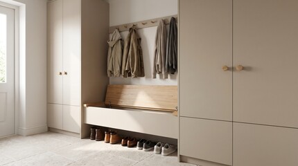 Modern minimalist hallway interior design with beige built in wardrobes and wooden storage bench for shoes and coats in a bright house