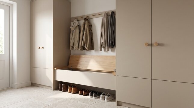 Modern minimalist hallway interior design with beige built in wardrobes and wooden storage bench for shoes and coats in a bright house