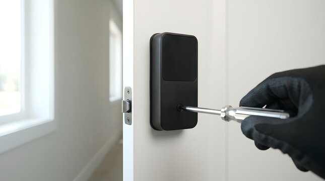 Gloved hand using a screwdriver to install a sleek black smart lock on a white door in bright modern home hall