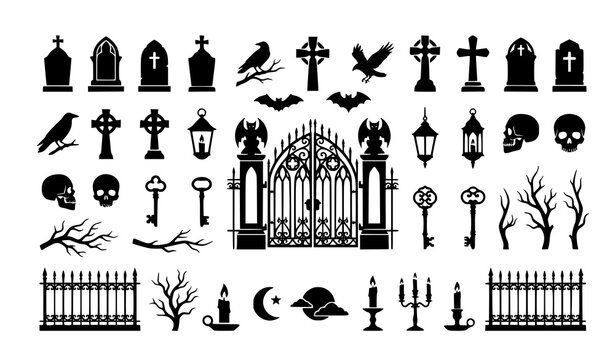 Creepy graveyard silhouettes icon set with gothic gate and tombstones isolated on transparent background