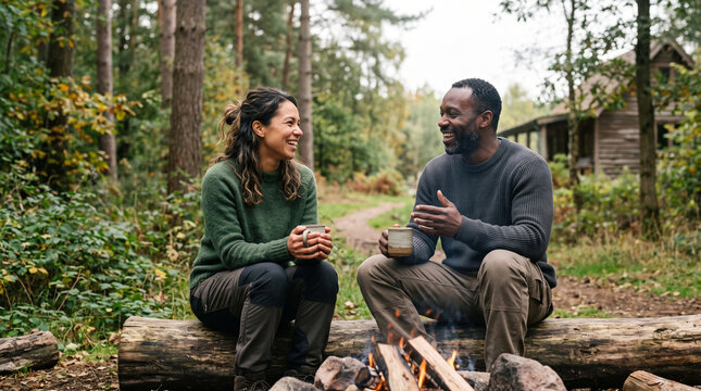 Happy multicultural couple sitting on a log by a campfire in a forest, drinking coffee and talking during a camping trip in autumn