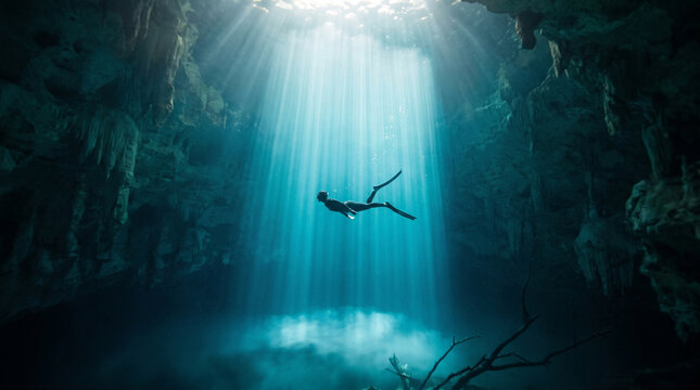 Underwater fine art photograph of a freediver suspended weightless inside a massive sunbeam penetrating crystal clear water in Cenote El Pit.
