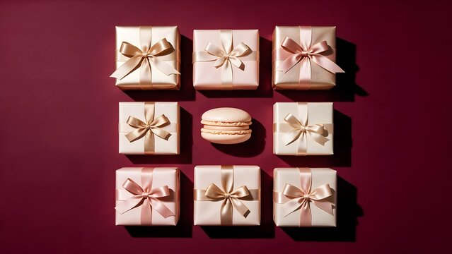 Premium Christmas macaron advertising photo with a delicate pastel macaron surrounded by eight champagne, pink and ivory gifts in a strict 3x3 grid on a deep burgundy background