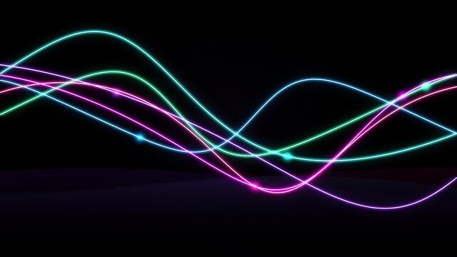 Neon glowing wave lines flow through dark space in cinematic motion.