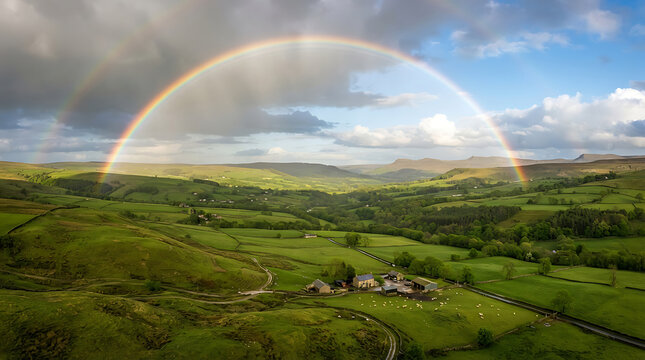 Magnificent double rainbow spanning over lush green agricultural valley with stone walls and historic farmstead.