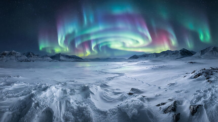 Fototapeta premium Majestic aurora borealis swirling over frozen arctic tundra landscape under starry night sky with snowy mountains.