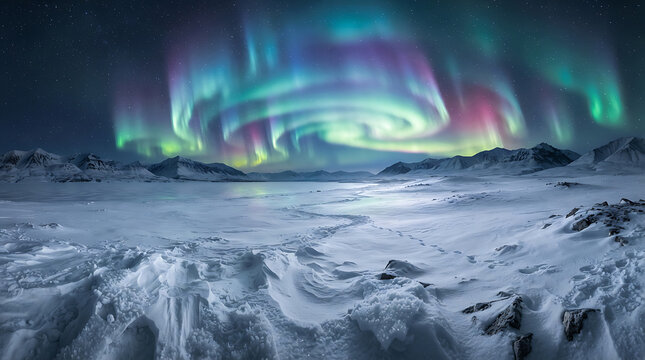 Majestic aurora borealis swirling over frozen arctic tundra landscape under starry night sky with snowy mountains.