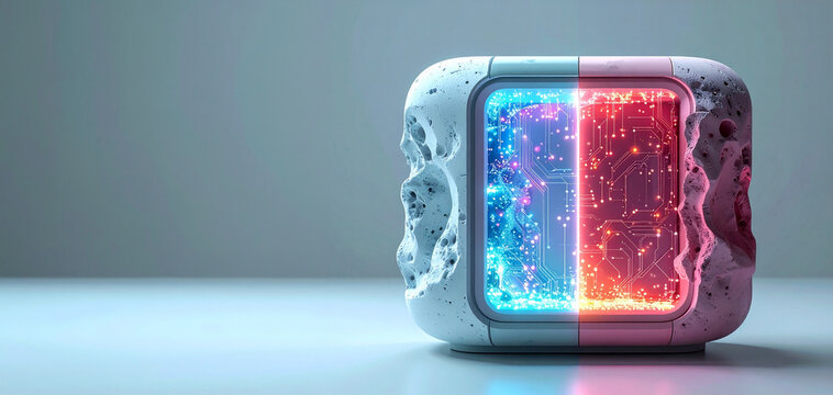 Futuristic dual processor microchip display unit with neon glowing cyan and pink circuit board node networks set inside a white porous stone casing over a neutral studio backplate background.