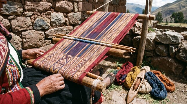 Indigenous peruvian woman carefully weaves colorful traditional textile patterns using a wooden backstrap loom outdoors during a bright sunny day